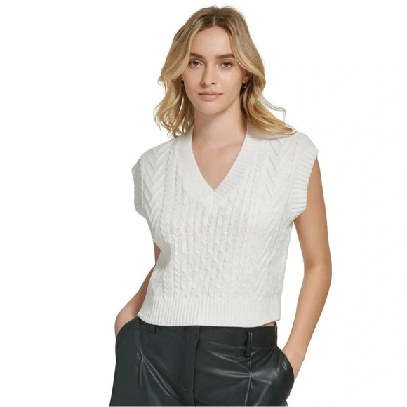 NWT Calvin Klein Cropped Cable Knit Sweater Vest V Neck Ivory White Sleeveless - Picture 4 of 11
